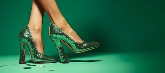 Slim female legs in green shiny high-heeled shoes standing on confetti, banner format - obrazy, fototapety, plakaty