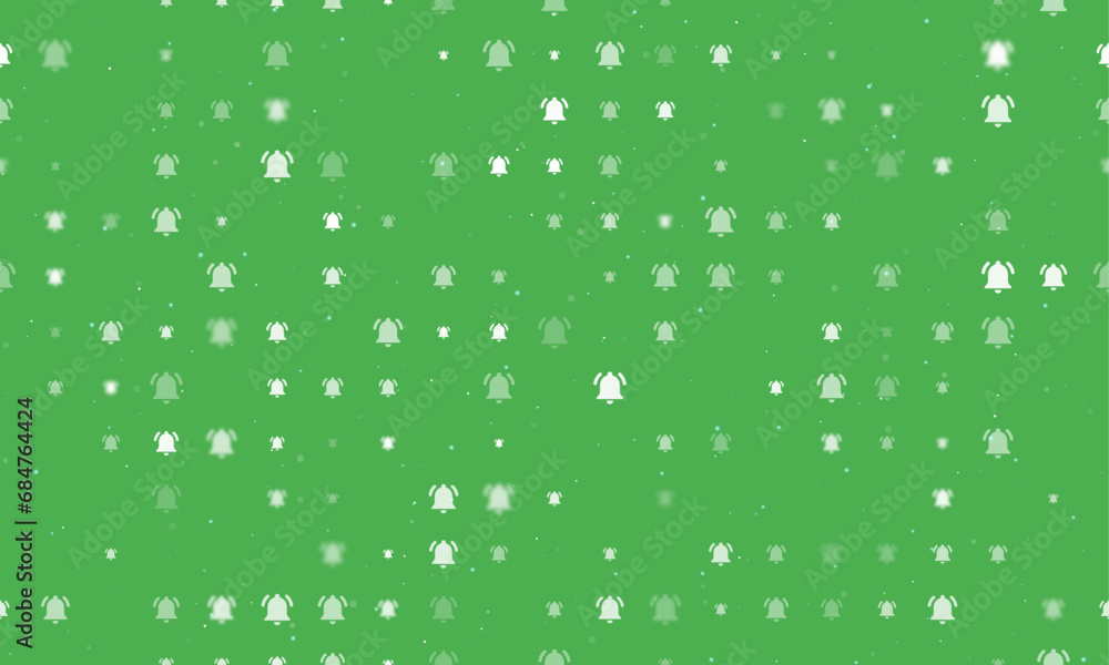 Poster seamless background pattern of evenly spaced white bell symbols of different sizes and opacity. vect