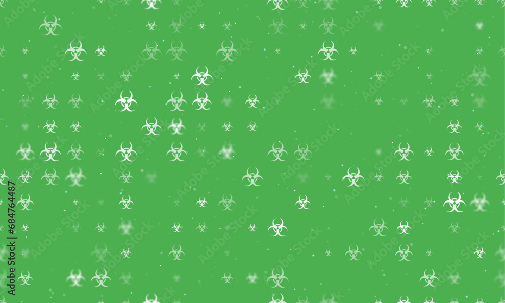 Poster seamless background pattern of evenly spaced white biohazard symbols of different sizes and opacity.