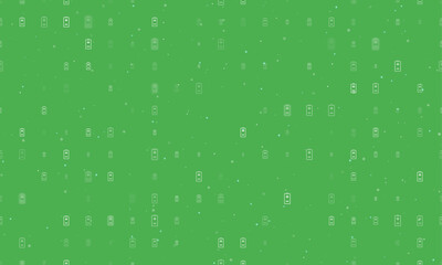 Seamless background pattern of evenly spaced white battery symbols of different sizes and opacity. Vector illustration on green background with stars