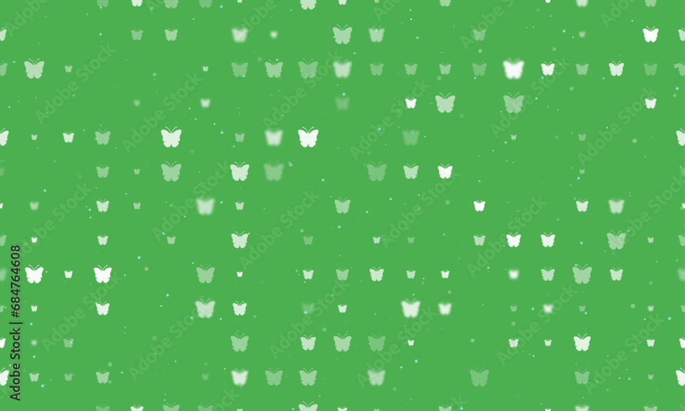 Poster seamless background pattern of evenly spaced white butterfly symbols of different sizes and opacity.