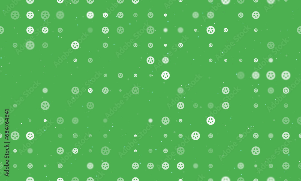 Poster seamless background pattern of evenly spaced white car wheel symbols of different sizes and opacity.
