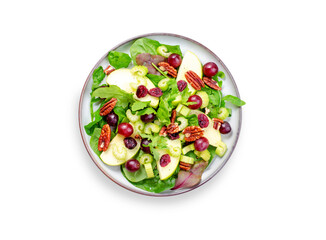 Waldorf Salad, Fresh Apple Salad with Cranberry, Grapes, Pecans and Salad Mix, Comfort Food on White Background