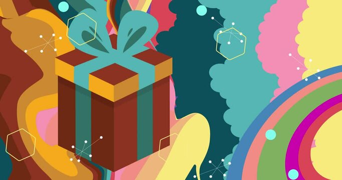 Retro 70s Background with gift box. Groovy 1970s art holiday template animation. Minimalistic Vintage design video. Old-fashioned color artwork.