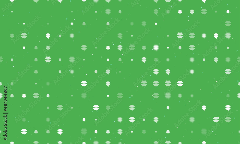 Poster seamless background pattern of evenly spaced white four-leaf clover symbols of different sizes and o