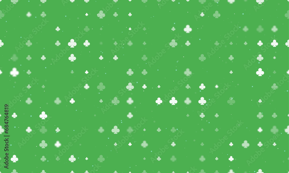 Poster seamless background pattern of evenly spaced white clubs of different sizes and opacity. vector illu