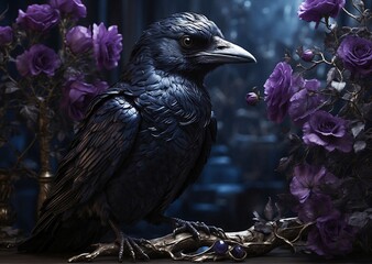 Naklejka premium In an enchanting cinematic photograph, a mesmerizing glam-goth enchanted familiar captivates the viewers. The main subject, composed in a lavish fashion, depicts a stunning black raven