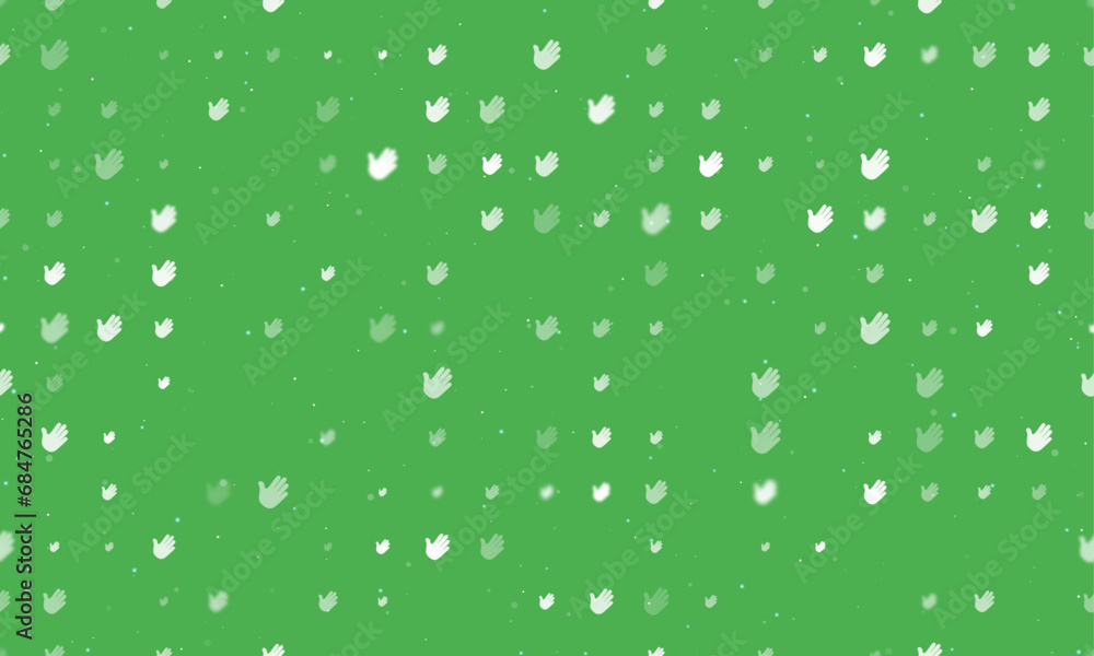 Poster seamless background pattern of evenly spaced white hands of different sizes and opacity. vector illu