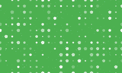Seamless background pattern of evenly spaced white geraniums of different sizes and opacity. Vector illustration on green background with stars