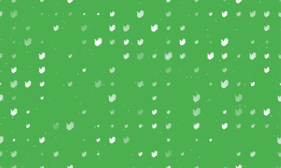 Seamless background pattern of evenly spaced white hands of different sizes and opacity. Vector illustration on green background with stars