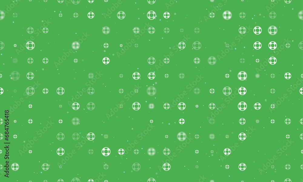 Poster seamless background pattern of evenly spaced white lifebuoy symbols of different sizes and opacity. 
