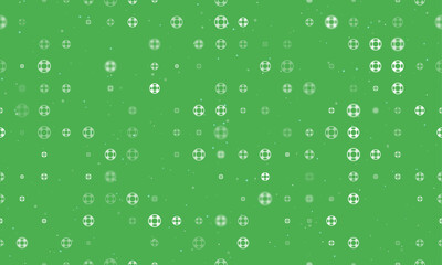 Seamless background pattern of evenly spaced white lifebuoy symbols of different sizes and opacity. Vector illustration on green background with stars