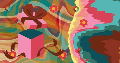 Retro 70s Background with gift box. Groovy 1970s art holiday template animation. Minimalistic Vintage design video. Old-fashioned color artwork.