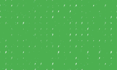 Seamless background pattern of evenly spaced white lightning symbols of different sizes and opacity. Vector illustration on green background with stars