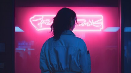 In the chilly embrace of an '80s neon-lit night, a woman stands outside the club