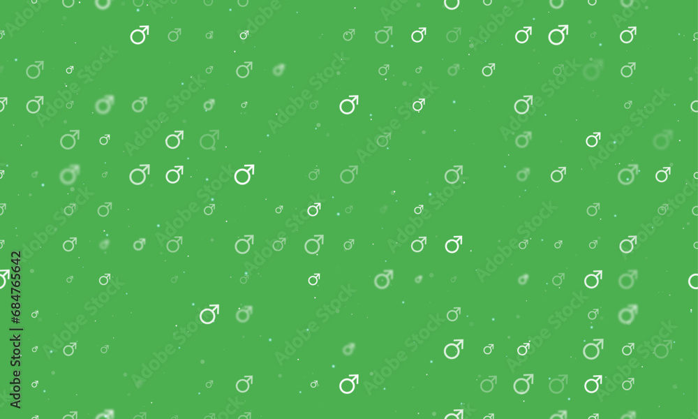 Poster seamless background pattern of evenly spaced white mars symbols of different sizes and opacity. vect
