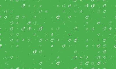 Seamless background pattern of evenly spaced white mars symbols of different sizes and opacity. Vector illustration on green background with stars