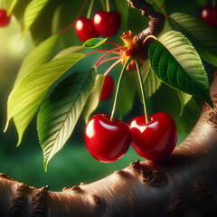 cherry, fruit, tree, red, food, nature, branch, summer, cherries, leaf, leaves, closeup, fresh, fruits, juicy