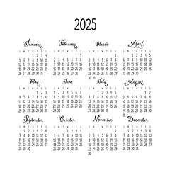 Calendar grid for 2025 in English