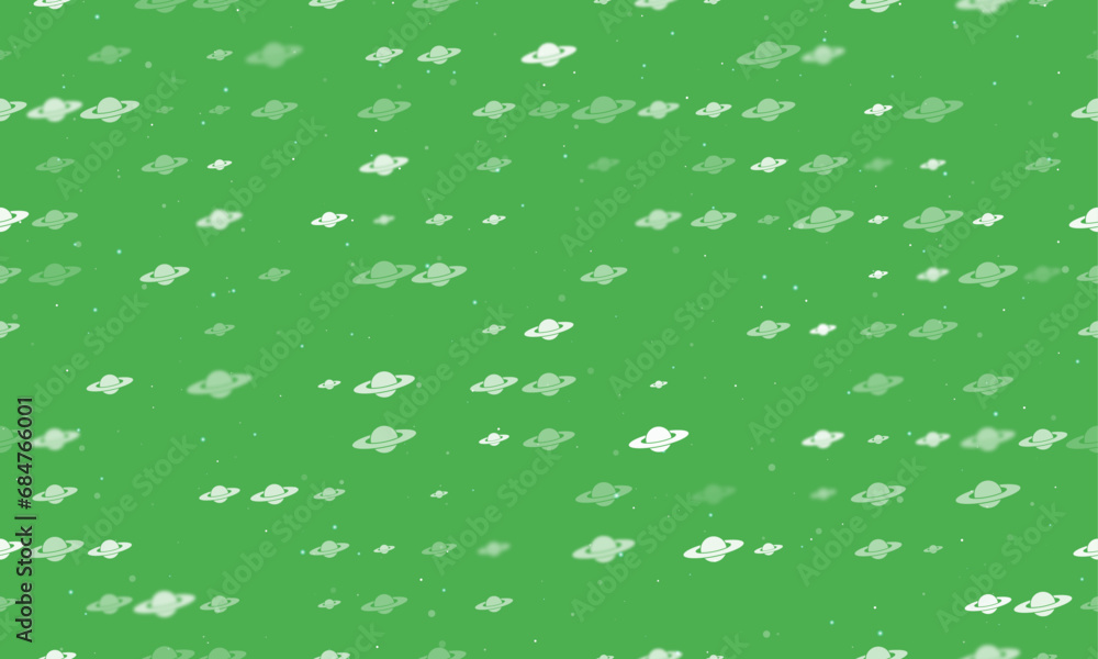 Poster seamless background pattern of evenly spaced white saturn symbols of different sizes and opacity. ve
