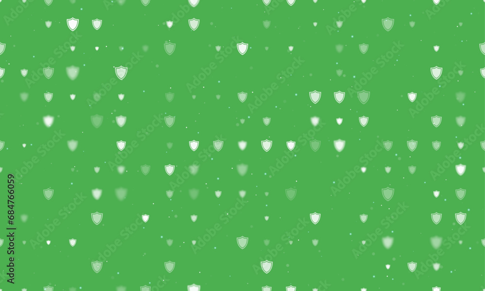 Poster seamless background pattern of evenly spaced white shield symbols of different sizes and opacity. ve