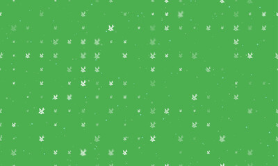 Seamless background pattern of evenly spaced white school supplies symbols of different sizes and opacity. Vector illustration on green background with stars