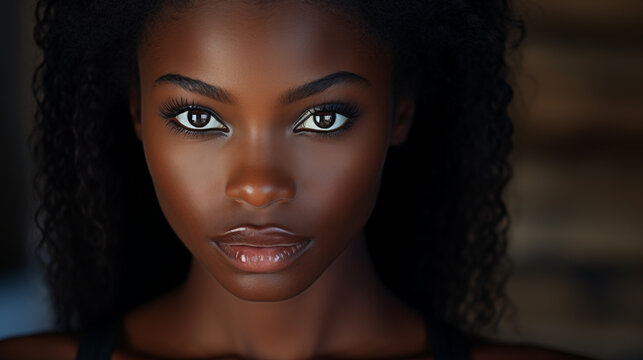 A close-up portrait of a beautiful black woman. Advertising concept.