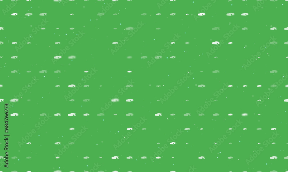 Poster seamless background pattern of evenly spaced white sport car symbols of different sizes and opacity.