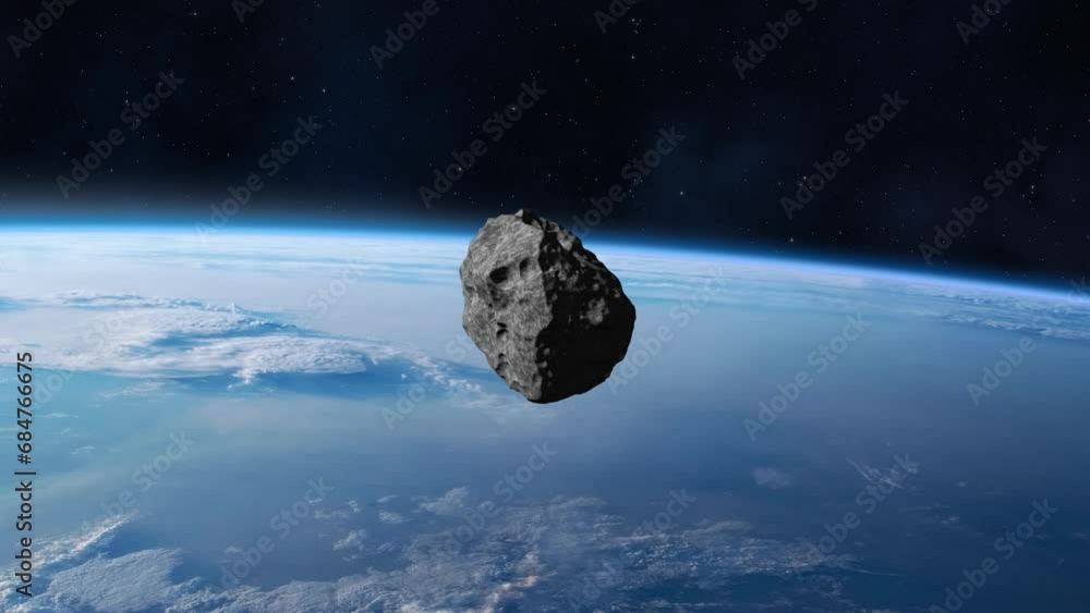 Poster the asteroid falls to earth. asteroid on a collision course with planet earth. 4k video. elements of