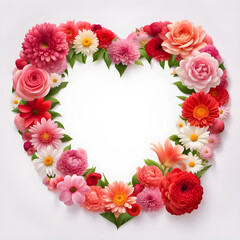 A red love heart logo made of fresh flowers on an isolated white background