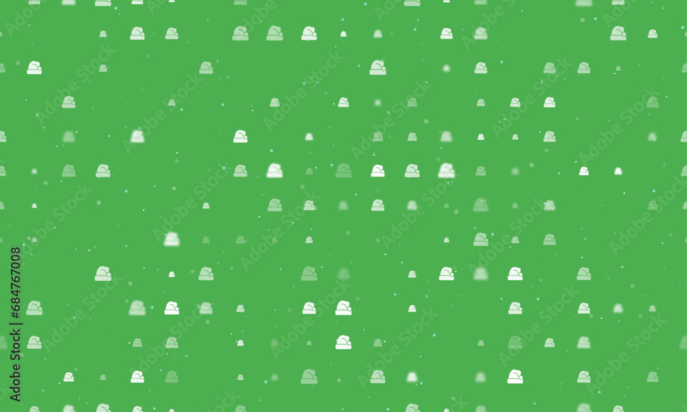 Poster seamless background pattern of evenly spaced white santa claus hat symbols of different sizes and op