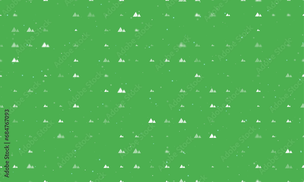 Poster seamless background pattern of evenly spaced white mountains symbols of different sizes and opacity.