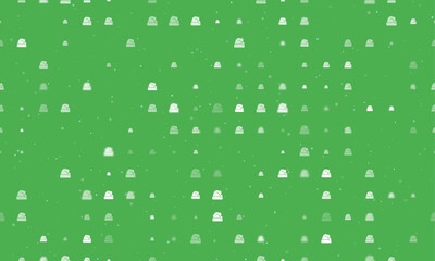 Seamless background pattern of evenly spaced white santa claus hat symbols of different sizes and opacity. Vector illustration on green background with stars