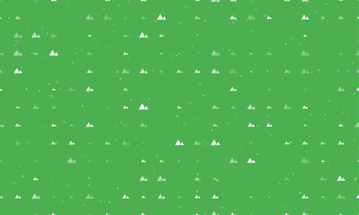 Seamless background pattern of evenly spaced white mountains symbols of different sizes and opacity. Vector illustration on green background with stars