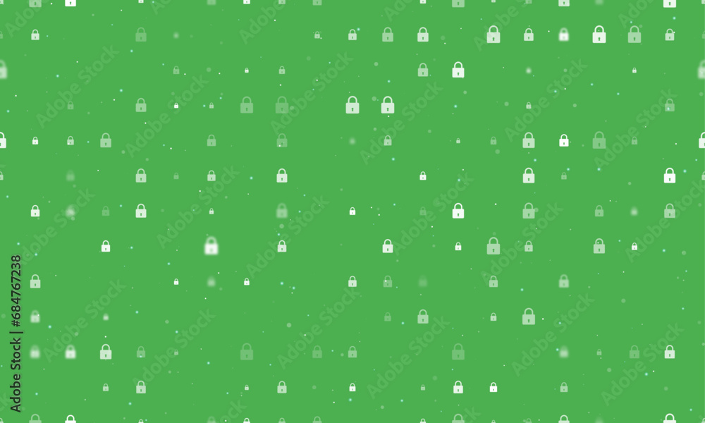 Poster seamless background pattern of evenly spaced white padlock symbols of different sizes and opacity. v