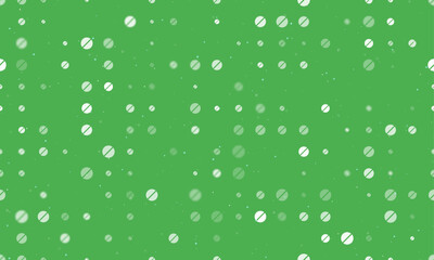 Seamless background pattern of evenly spaced white pill symbols of different sizes and opacity. Vector illustration on green background with stars