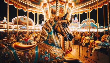 Fototapeta na wymiar vintage carousel horse, painted in vibrant hues of gold and blue, with ornate decorations. In the background, the carnival is in full swing