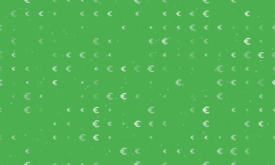 Seamless background pattern of evenly spaced white euro symbols of different sizes and opacity. Vector illustration on green background with stars