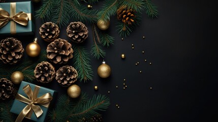 New year celebration background, gift boxes and pine cones and branches on the background of bokeh light effect