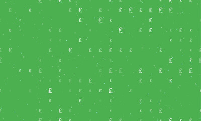 Seamless background pattern of evenly spaced white lira symbols of different sizes and opacity. Vector illustration on green background with stars