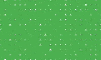 Seamless background pattern of evenly spaced white triangle symbols of different sizes and opacity. Vector illustration on green background with stars