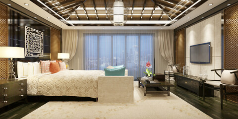 3d render. Modern hotel room interior scene.