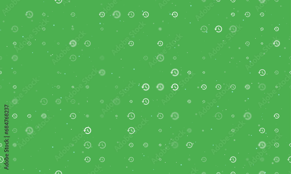 Poster seamless background pattern of evenly spaced white time back symbols of different sizes and opacity.