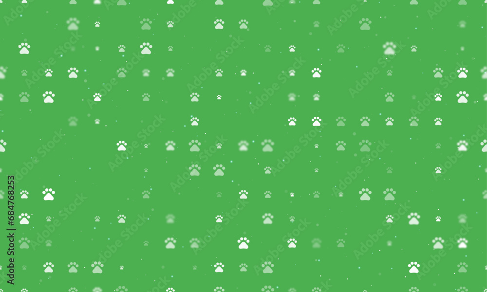 Poster seamless background pattern of evenly spaced white pet symbols of different sizes and opacity. vecto