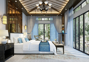 3d render. Modern hotel room interior scene.