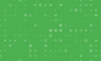 Seamless background pattern of evenly spaced white time back symbols of different sizes and opacity. Vector illustration on green background with stars
