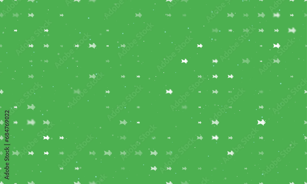 Poster seamless background pattern of evenly spaced white gold fish symbols of different sizes and opacity.
