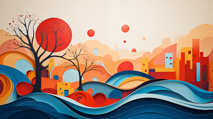 an abstract visualization symbolizing communities adapting to climate change, using bold colors and dynamic shapes to represent resilience, innovation, and sustainable practices