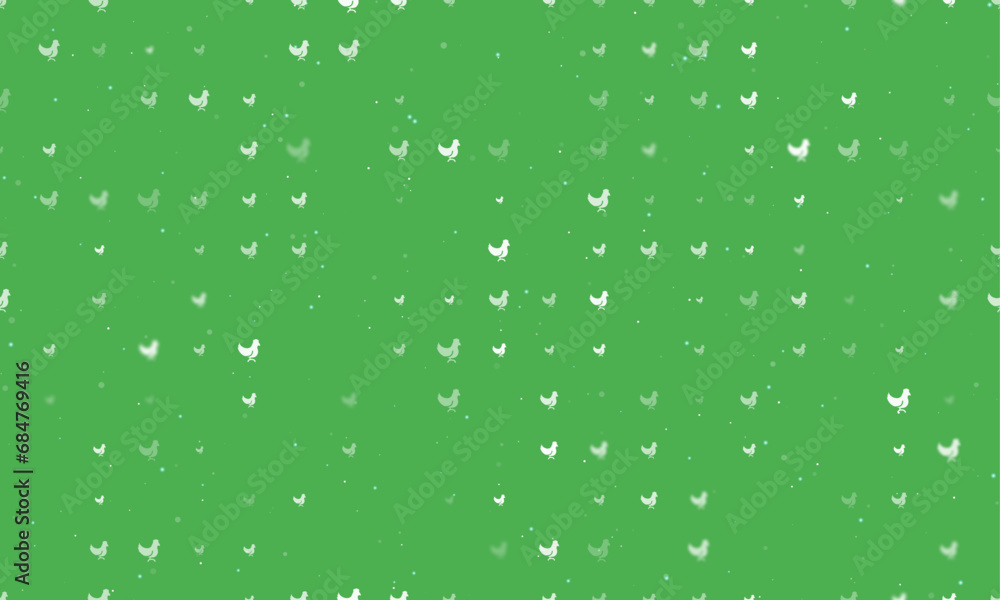 Poster seamless background pattern of evenly spaced white chicken symbols of different sizes and opacity. v