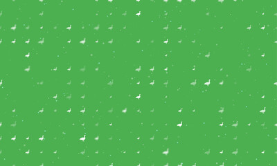 Seamless background pattern of evenly spaced white goose symbols of different sizes and opacity. Vector illustration on green background with stars